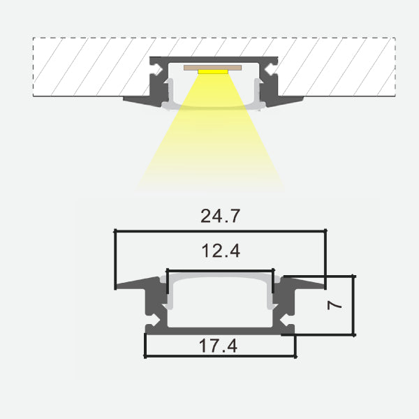 Aluminium profile 3m, recessed, 24.7mmx7mm, silver, with matte glass cover and end caps