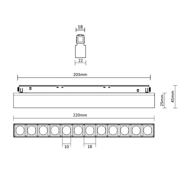 MAGNET LED track light GRIL12W, 4000K, 220x45x22mm, black