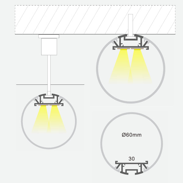 Aluminium profile 3m ULT, pendant, Ø60x30mm, silver, with cover and end caps