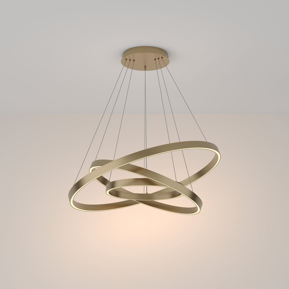 LED pendant light ULT 115W with three rings, Ø800mm, 3000K, 120°, brass