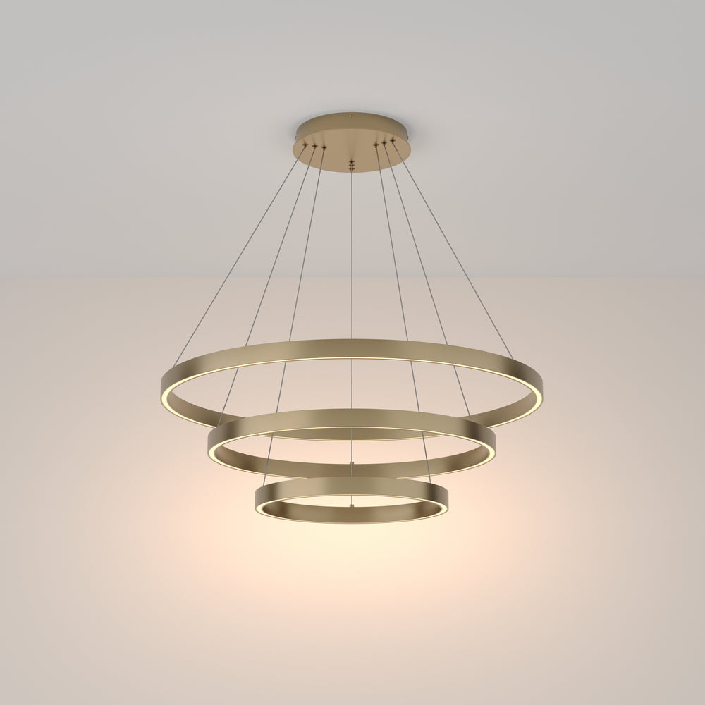 LED pendant light ULT 115W with three rings, Ø800mm, 3000K, 120°, brass