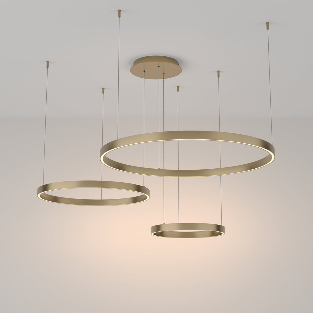 LED pendant light ULT 115W with three rings, Ø800mm, 3000K, 120°, brass