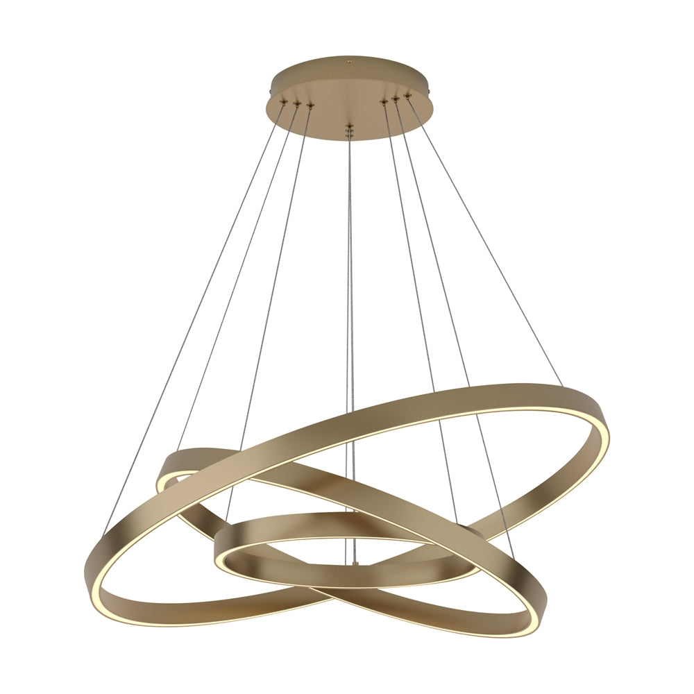 LED pendant light ULT 115W with three rings, Ø800mm, 3000K, 120°, brass