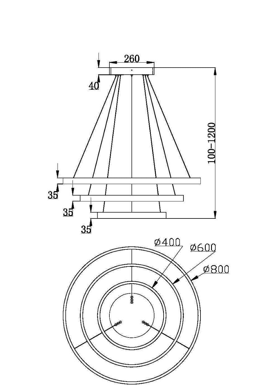LED pendant light ULT 115W with three rings, Ø800mm, 3000K, 120°, brass