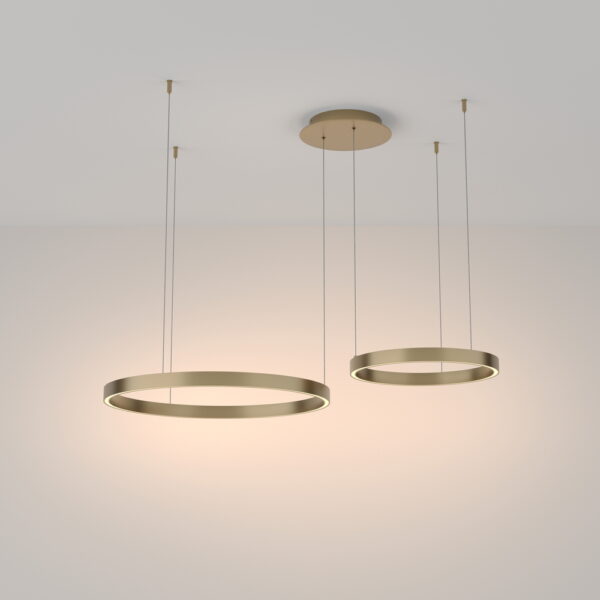 LED pendant light ULT 61W with two rings, Ø600mm, 3000K, 120°, brass