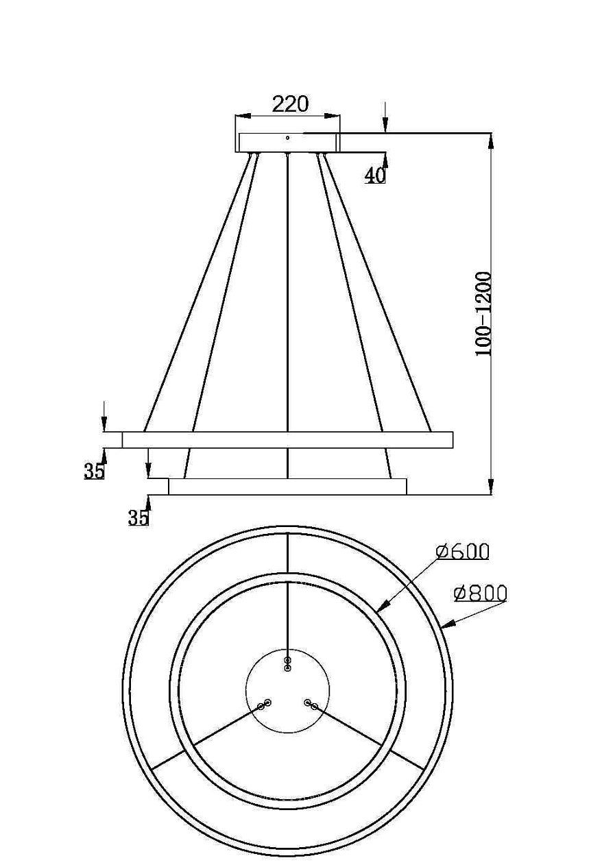 LED pendant light ULT 61W with two rings, Ø600mm, 3000K, 120°, black
