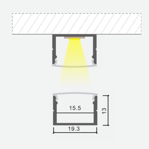Aluminium profile ULT 3m, surface, 19,3x13mm, silver, with cover and end caps